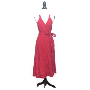 Reformation Dress Maggie Linen Wrap Midi Red Cross Over Open Back Pockets xs